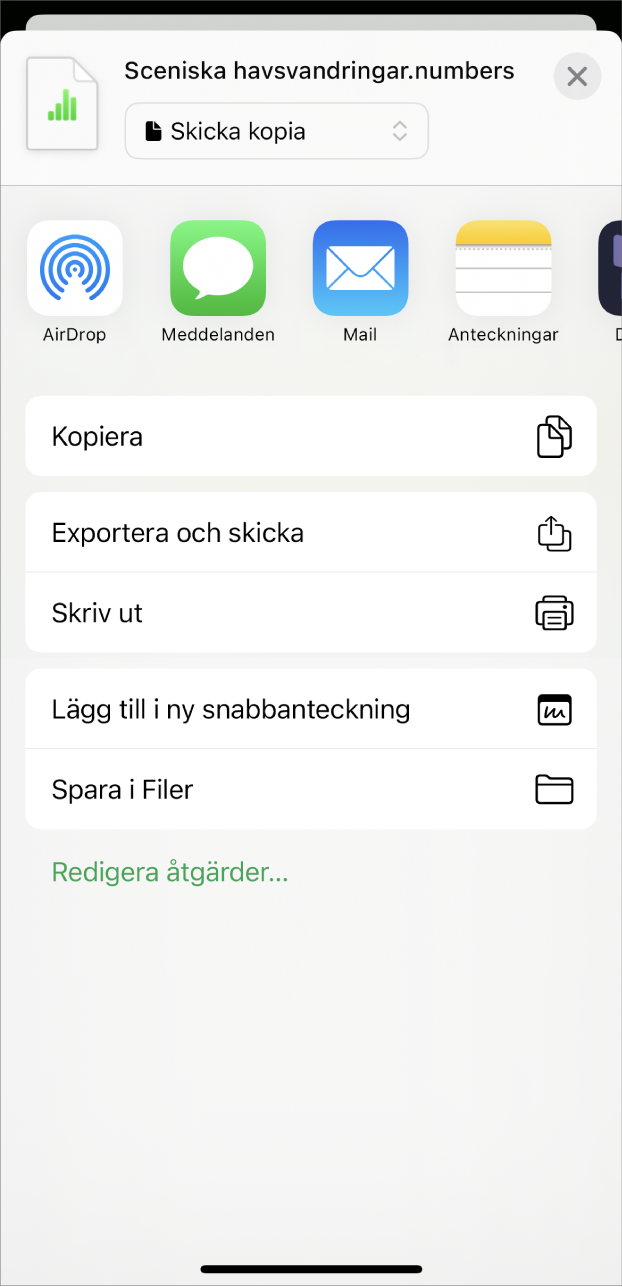 Numbers-fönstret visar menyn Dela med alternativ för att skicka en kopia av kalkylbladet, exportera och skicka i ett annat format eller skriva ut eller spara kalkylbladet i appen Filer.