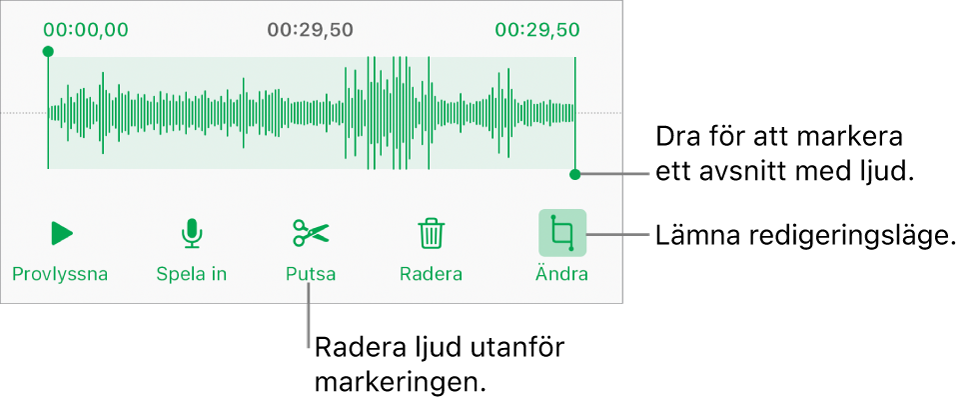 Reglage för redigering av inspelat ljud. Handtag visar det markerade avsnittet av inspelningen och nedtill finns knappar för att provlyssna, spela in, putsa, radera och redigera.