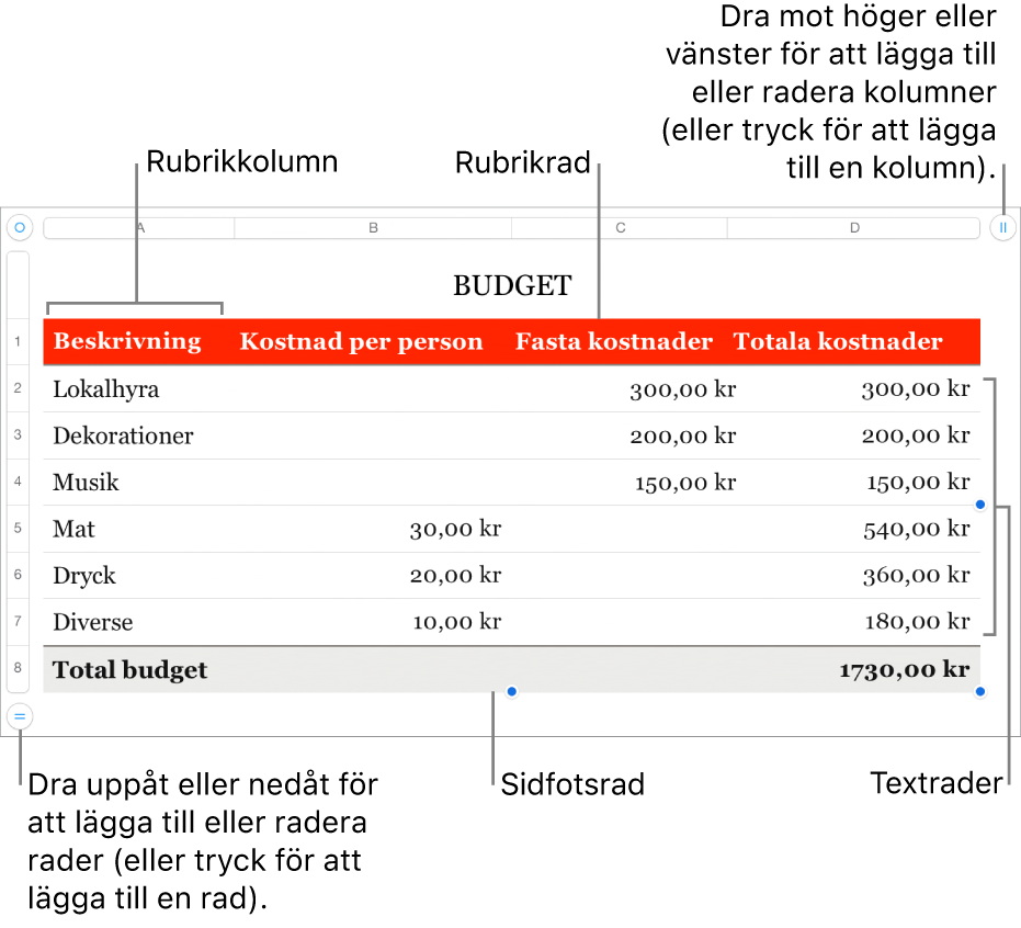 En tabell med rubrik-, text- och sidfotsrader och -kolumner, och handtag för att lägga till eller ta bort rader och kolumner.