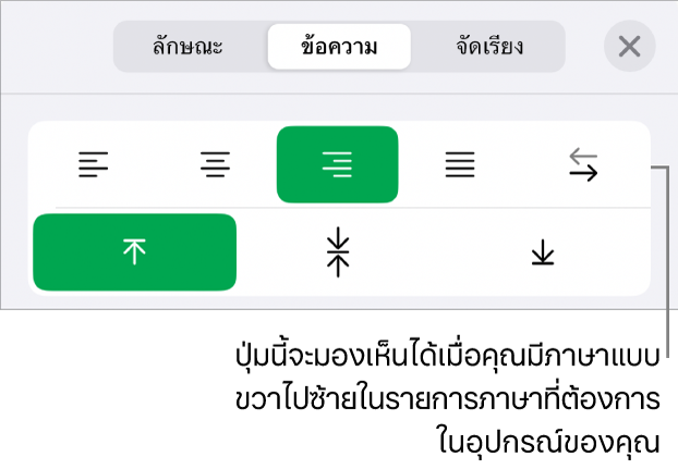ส่วนลักษณะของปุ่มรูปแบบพร้อมคำอธิบายของปุ่มขวาไปซ้าย