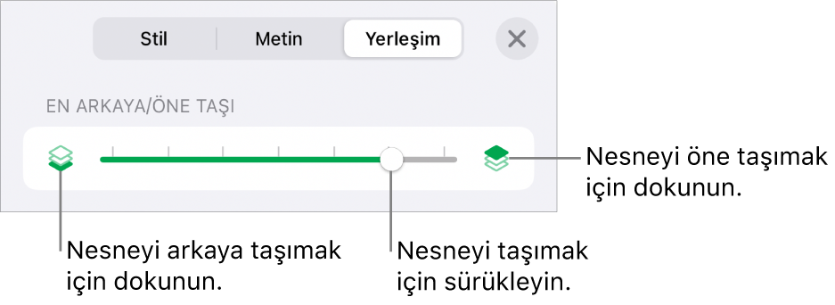 Geri Taşıma düğmesi, İleri Taşıma düğmesi ve katmanlama sürgüsü.