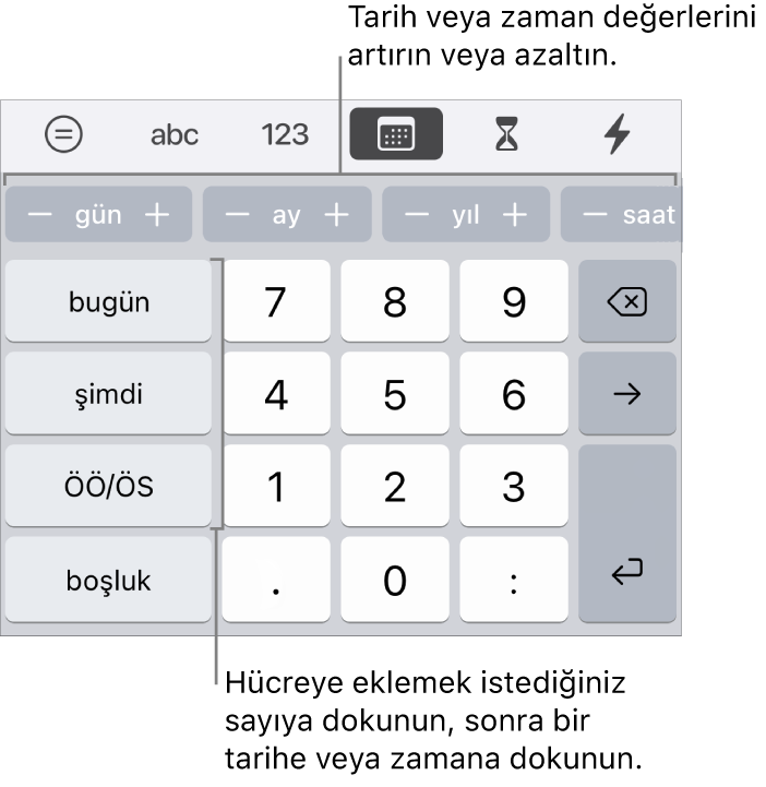 Tarih ve saat klavyesi. En üst kısma yakın yerdeki bir düğmeler sırası, hücrede gösterilen değeri değiştirmek için artırabileceğiniz zaman birimlerini (ay, gün ve yıl) gösterir. Solda bugünün tarihi, şu anki saat ve öğleden önce/sonra bilgisi (AM/PM) için tuşlar ve klavyenin ortasında da numara tuşları bulunur.