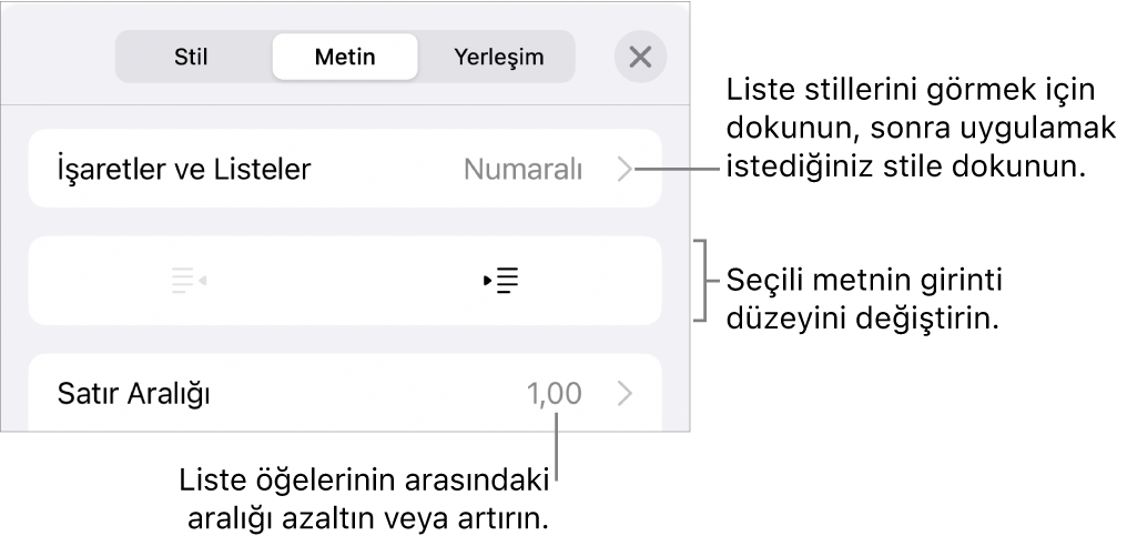 Madde İşaretleri ve Listeler, çıkıntı ve girinti düğmeleri ve de satır aralığı denetimlerini gösteren belirtme çizgileri ile Biçim denetimlerinin Madde İşaretleri ve Listeler bölümü.