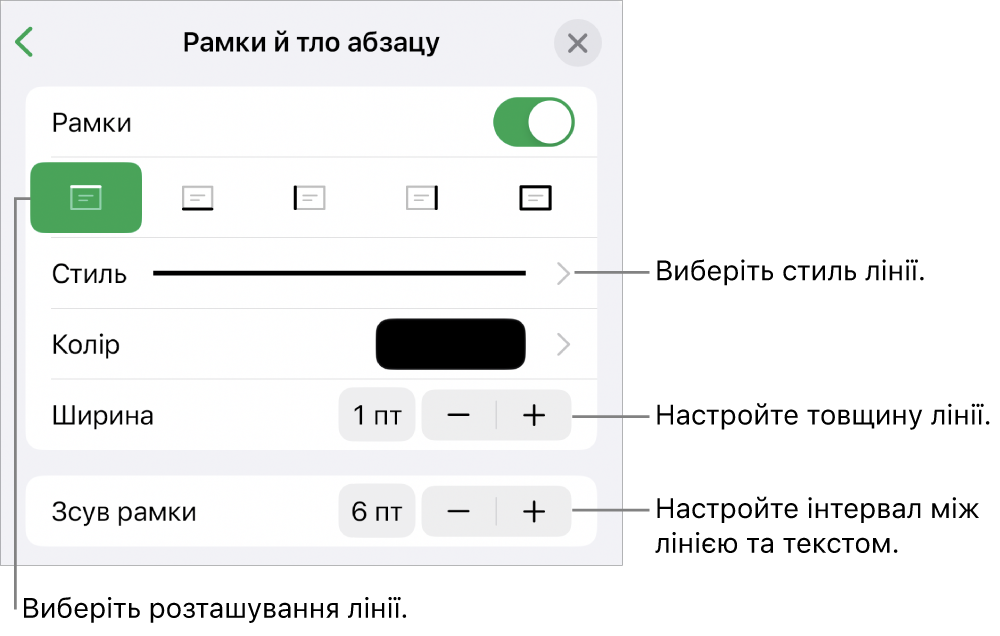 Елементи керування стилем, товщиною, положенням та кольором лінії.