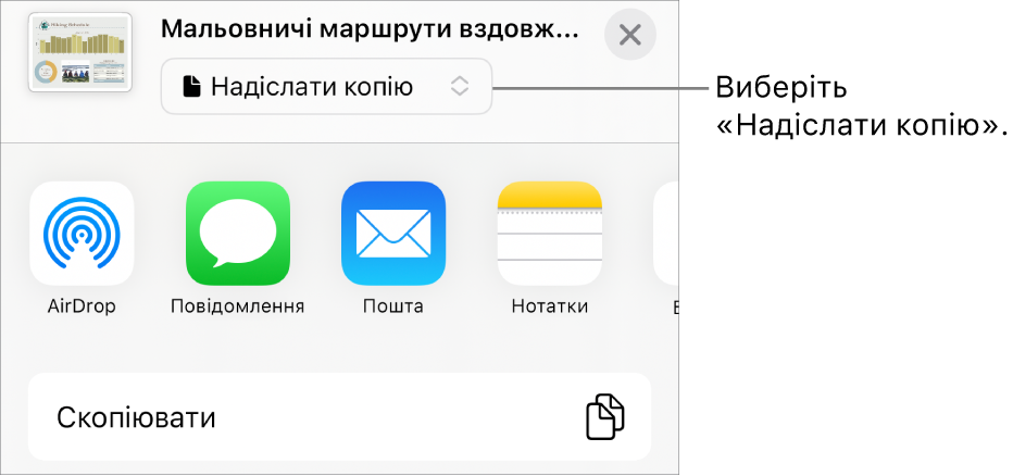 Меню «Поширення», у якому вгорі вибрано елемент «Поширити копію».