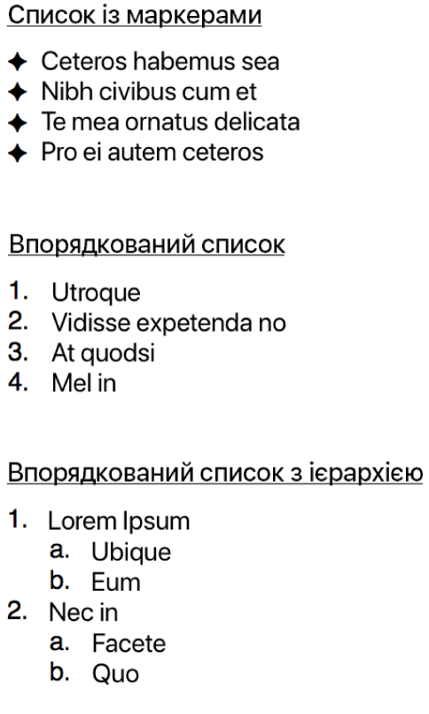 Приклади списків із маркерами, просто впорядкованих, а також упорядкованих за ієрархією списків.