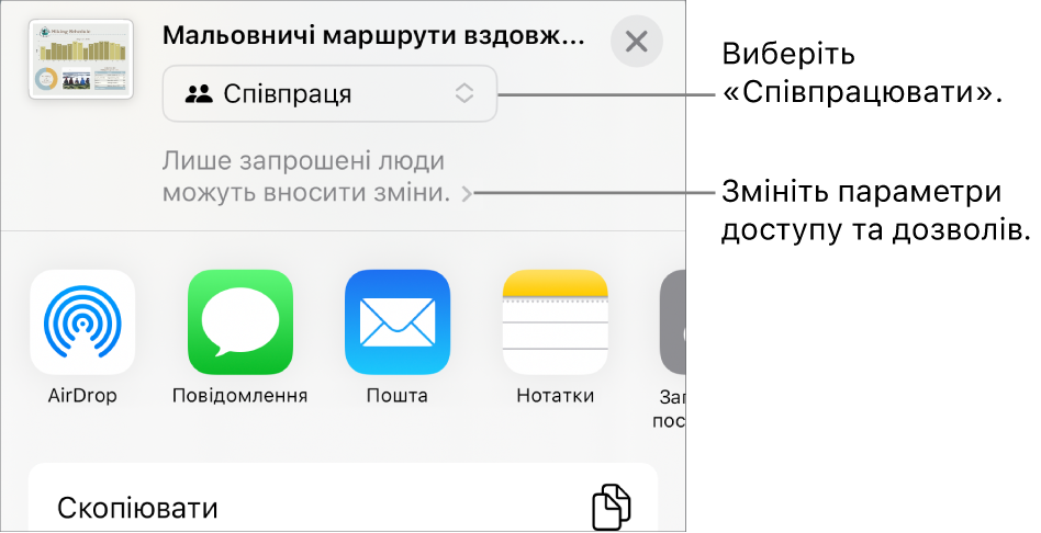 Меню «Поширити» з вибраним угорі елементом «Співпраця», а також параметрами доступу й дозволів унизу.