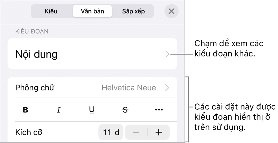 Menu Định dạng đang hiển thị các điều khiển văn bản để đặt kiểu, phông chữ, kích cỡ và màu của đoạn và ký tự.