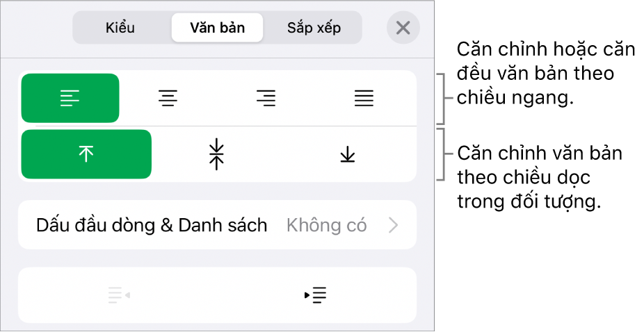 Phần Bố cục của trình kiểm tra Định dạng với các lời nhắc đến các nút căn chỉnh văn bản và giãn cách.