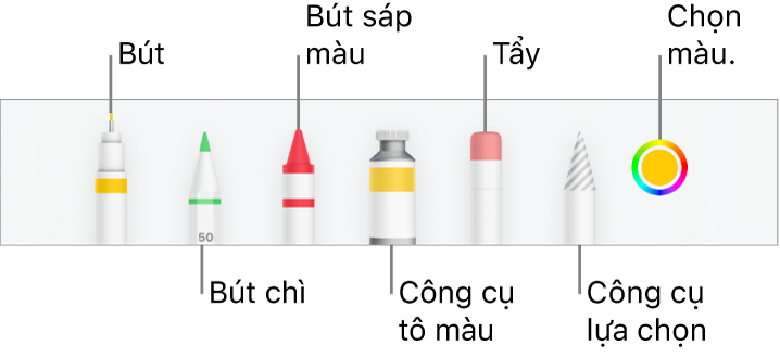 Thanh công cụ vẽ trong Numbers trên iPhone với bút, bút chì, bút sáp màu, công cụ tô màu, tẩy, công cụ chọn và ô màu hiển thị màu hiện tại.