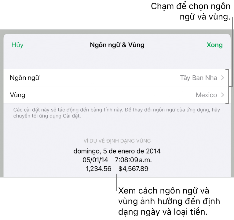 Khung Ngôn ngữ và Vùng với các điều khiển cho ngôn ngữ và vùng và ví dụ về định dạng bao gồm ngày, giờ, phần thập phân và loại tiền.