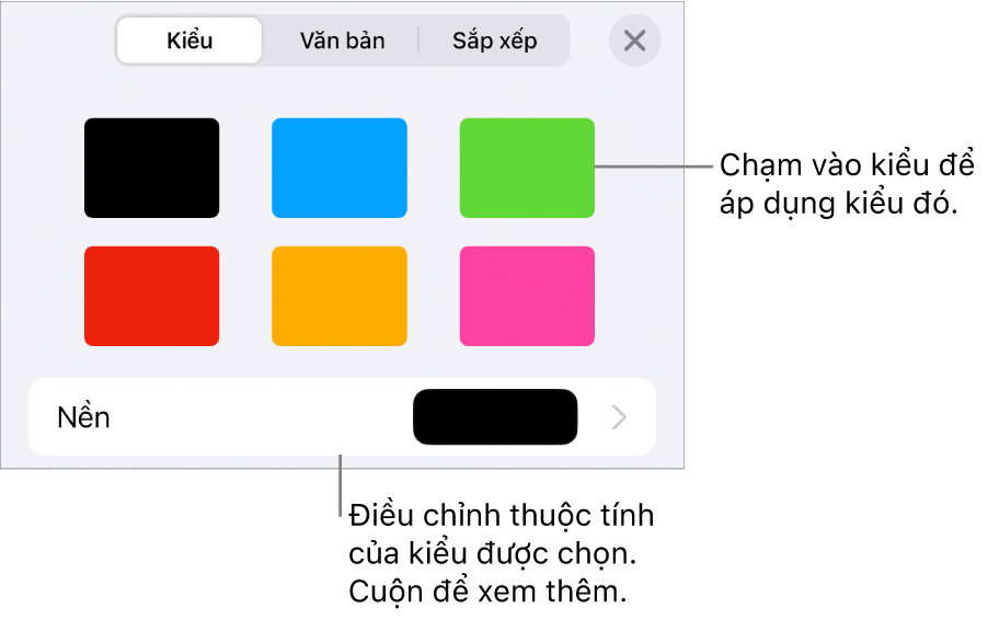 Tab Kiểu của menu Định dạng, với các kiểu đối tượng ở đầu và một điều khiển ở bên dưới để thay đổi nền.