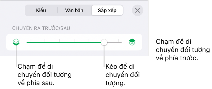 Nút Chuyển ra sau, nút Chuyển ra trước và thanh trượt tạo lớp.