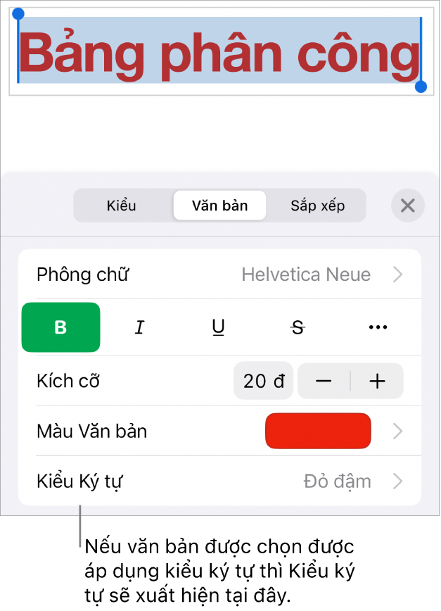 Các điều khiển định dạng Văn bản với Kiểu ký tự bên dưới các điều khiển Màu. Kiểu ký tự Không xuất hiện cùng với dấu hoa thị.