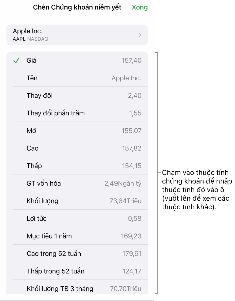 Cửa sổ bật lên chứng khoán niêm yết, với tên chứng khoán ở trên cùng và các thuộc tính chứng khoán có thể chọn, bao gồm giá, tên, thay đổi, phần trăm thay đổi và mở bán được liệt kê bên dưới.