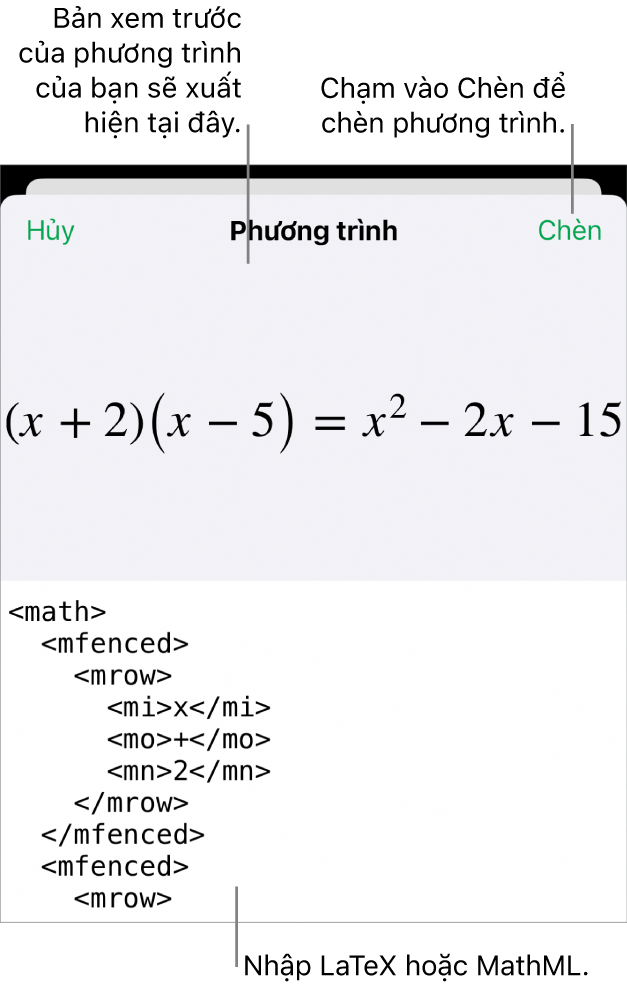 Hộp thoại Phương trình, đang hiển thị phương trình được viết bằng các lệnh MathML và bản xem trước của công thức ở bên trên.