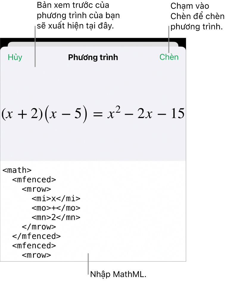 Hộp thoại Phương trình, đang hiển thị phương trình được viết bằng các lệnh MathML và bản xem trước của công thức ở bên trên.