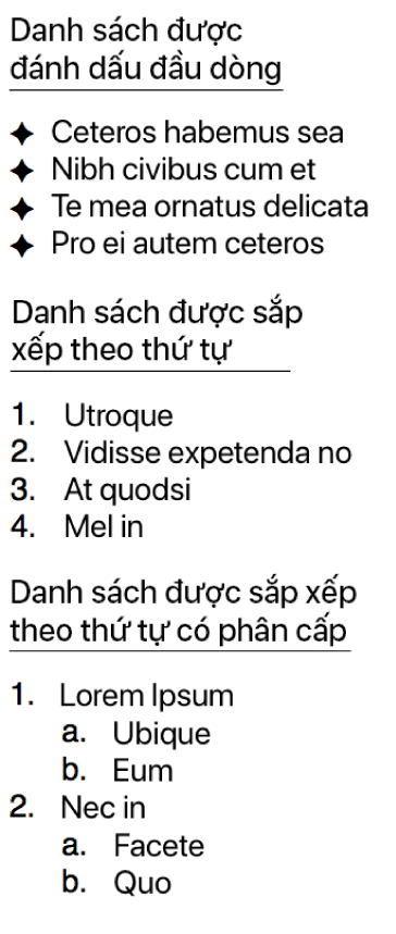 Ví dụ về danh sách có dấu đầu dòng, được sắp xếp thứ tự và được sắp xếp thứ tự có phân cấp.