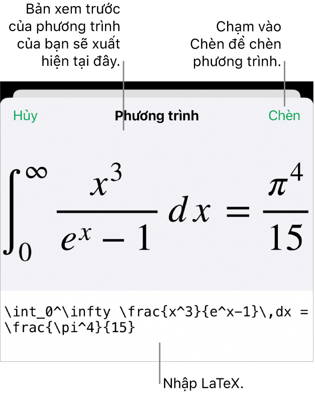 Hộp thoại Phương trình, đang hiển thị phương trình được viết bằng các lệnh LaTex và bản xem trước của công thức ở bên trên.