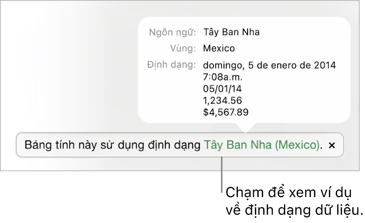 Thông báo về cài đặt ngôn ngữ và vùng khác, đang hiển thị các ví dụ về định dạng trong ngôn ngữ và vùng đó.
