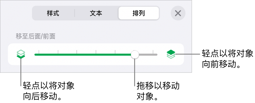 “后移”按钮、“前移”按钮和叠层滑块。