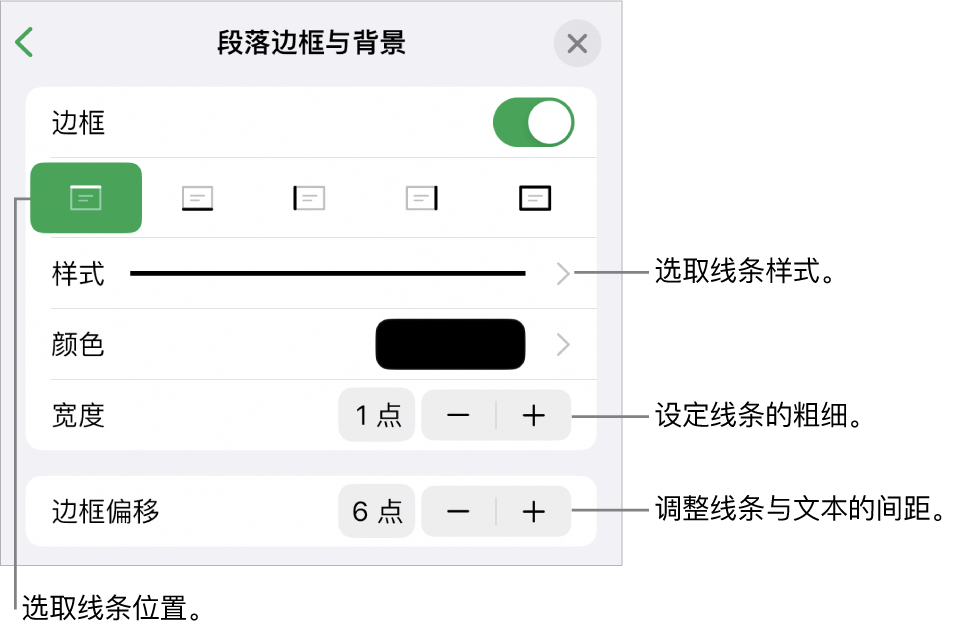 更改线条样式、粗细、位置和颜色的控制。