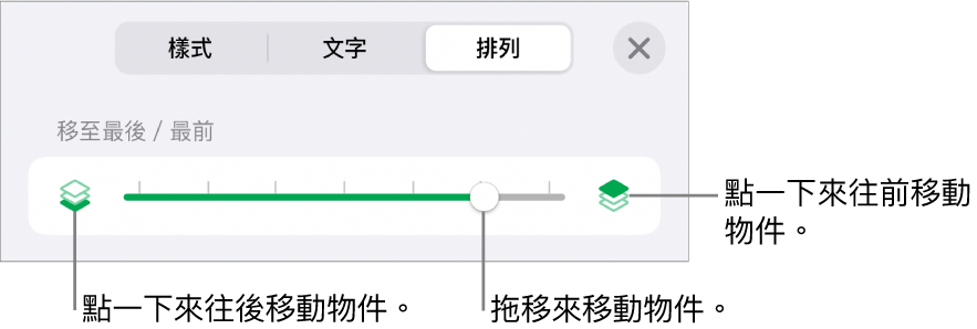 「後移」按鈕、「前移」按鈕及分層滑桿。