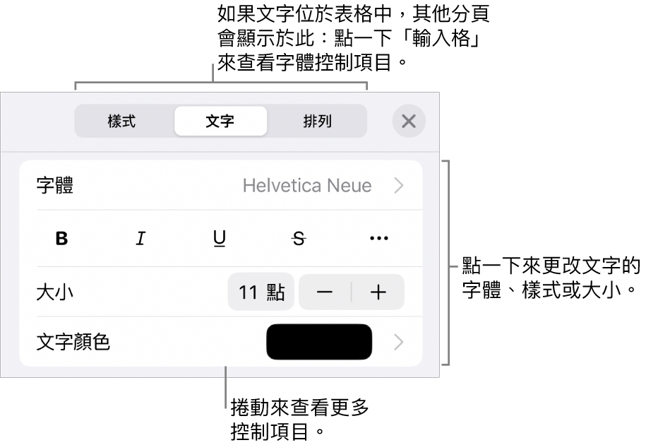 「格式」選單中設定段落及字元樣式、字體、大小和顏色的文字控制項目。