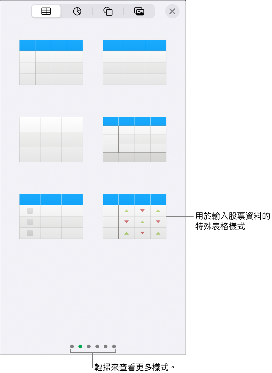 可用表格樣式的縮圖，右下角是用於輸入股票資料的特殊樣式。底部的六個圓點表示你可以輕掃來查看更多樣式。