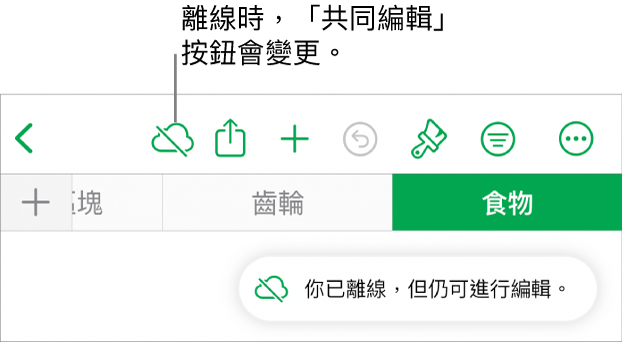 螢幕最上方的按鈕,其中「共同編輯」按鈕已變成被對角線劃過的雲朵圖像。螢幕上的警示顯示「你已離線,但仍可進行編輯。」