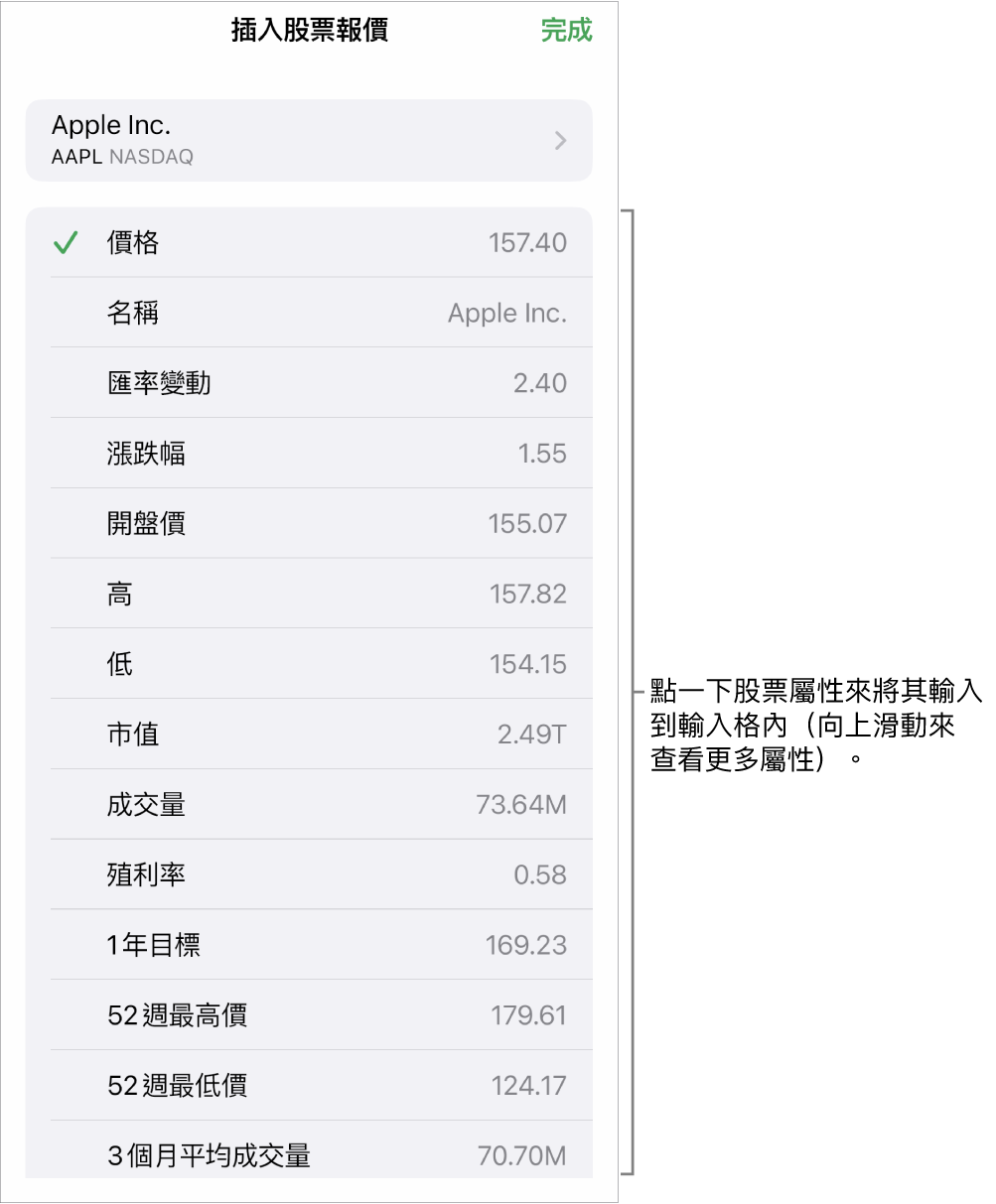 股票報價彈出式項目，股票名稱位於頂端，而可選取的股票屬性包含價格、名稱、匯率變動、漲跌幅和開盤價則列於底部。