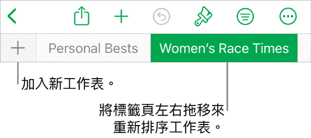 加入新工作表的標籤頁列、導覽、重新排序和重新整理工作表。