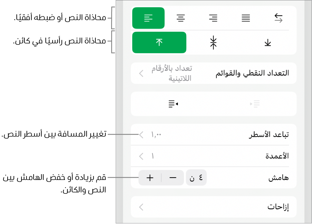 قسم التخطيط في مراقب التنسيق مع وسائل شرح لأزرار محاذاة النص والتباعد.