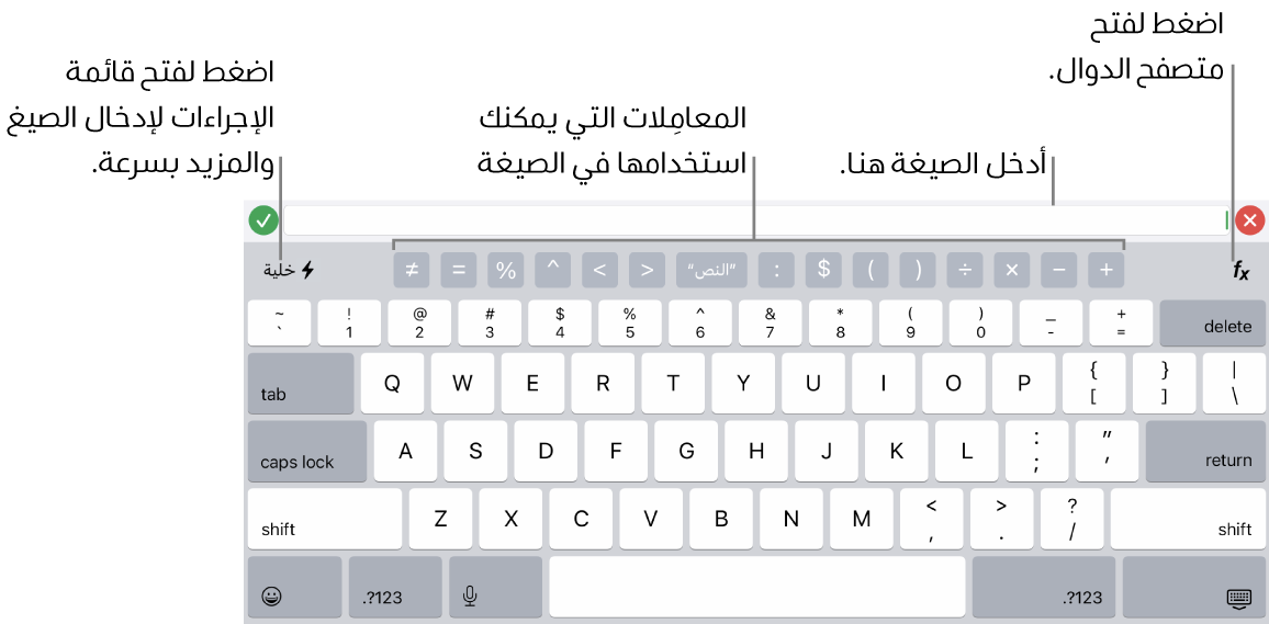 لوحة مفاتيح الصيغ، ويظهر محرر الصيغ في الأعلى، والمعاملات المستخدمة في الصيغ أسفله. زر الدوال لفتح متصفح الدوال على يمين المعاملات، وزر قائمة الإجراءات على اليسار.