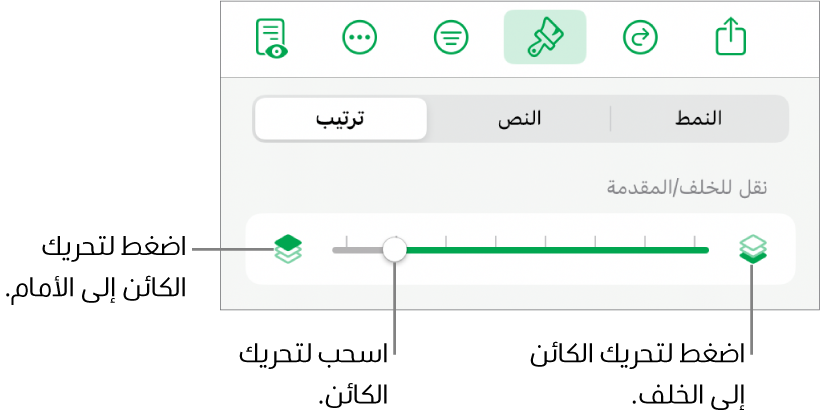 زر تحريك للخلف، وزر تحريك للأمام، وشريط تمرير الطبقة.