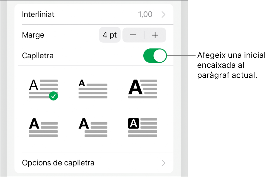 Els controls de caplletra a la part inferior del menú “Text”.