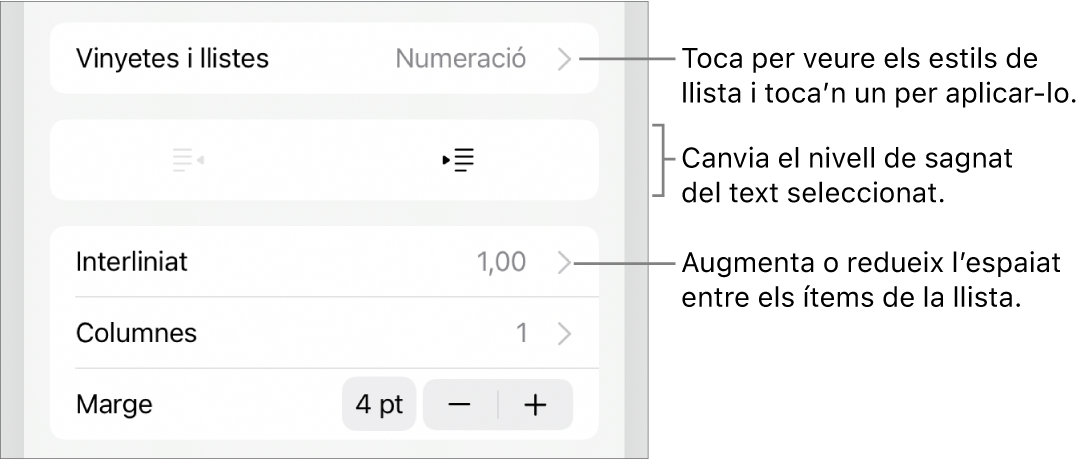 La secció “Vinyetes i llistes” dels controls de Format amb llegendes de “Vinyetes i llistes”, botons de sagnat i de sagnat esquerre, i controls d’interlineat.