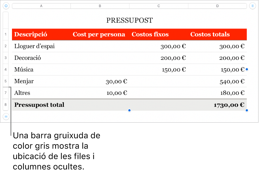 Una barra gruixuda de color gris que mostra la ubicació de les files i columnes ocultes
