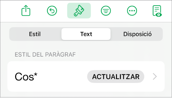 Un estil de paràgraf amb un asterisc al costat i un botó “Actualitza” a la dreta.