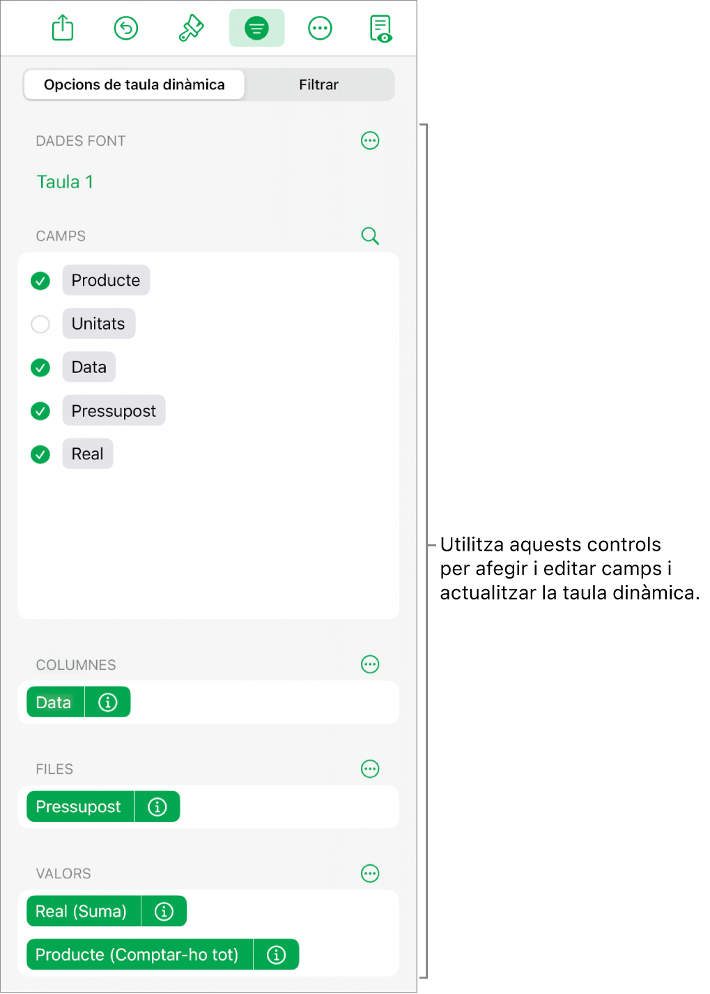 El menú “Opcions de taula dinàmica” que mostra els camps a les seccions Columnes, Files i Valors, a més dels controls per editar els camps.
