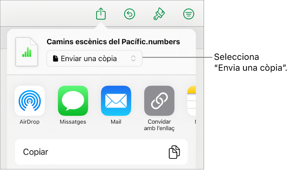 Menú “Comparteix” amb l’opció “Envia una còpia” seleccionada a la part superior.