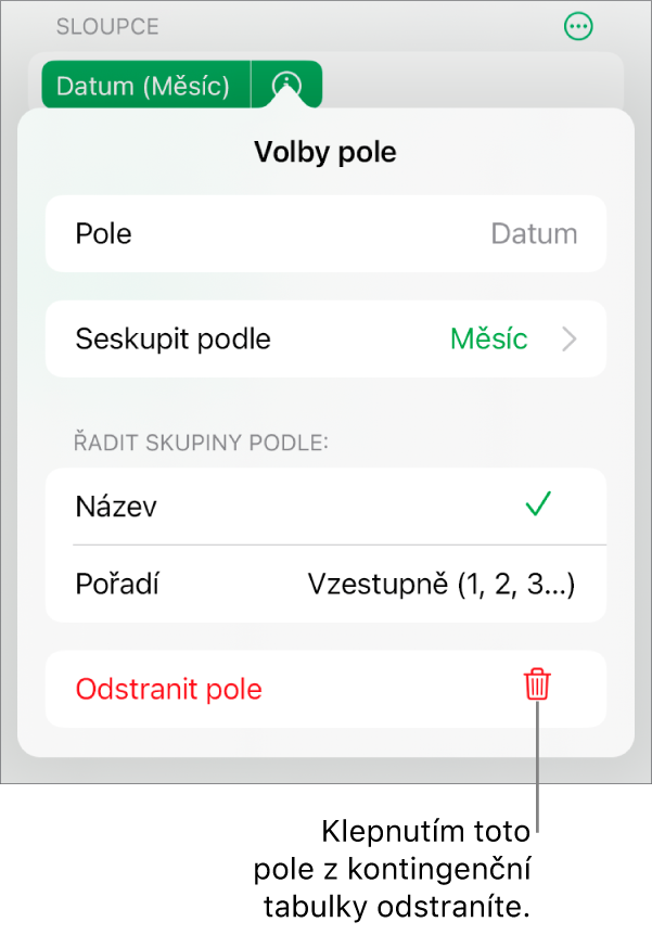 Nabídka „Volby pole“ zobrazující ovládací prvky pro seskupení a řazení dat a také volbu pro odstranění polí.