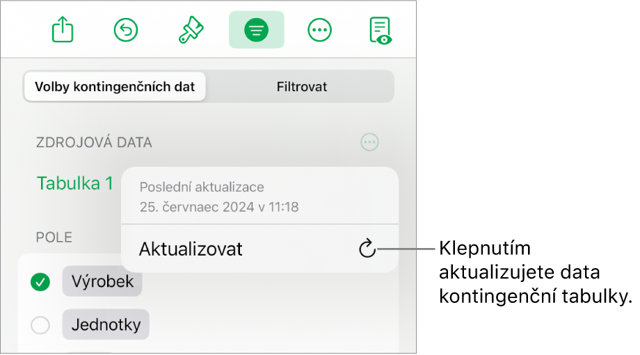 Nabídka „Volby kontingenčních dat“ zobrazující volbu pro aktualizaci kontingenční tabulky