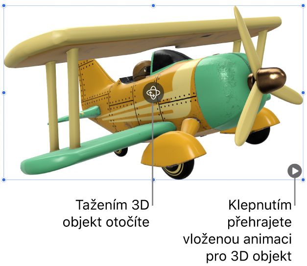 3D objekt s tlačítkem Otočit uprostřed a tlačítkem Přehrát v pravém dolním rohu