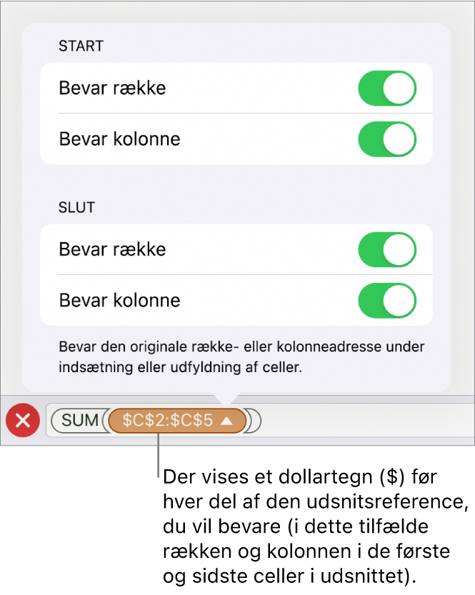 Betjeningsmulighederne til angivelse af, hvilke af en celles række- og kolonnereferencer der skal bevares, hvis cellen flyttes eller kopieres. Der vises et dollartegn før hver del af udsnitsreferencen, du vil bevare.