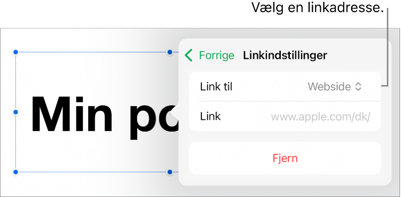 Webside er valgt i betjeningsmulighederne til Linkindstillinger, og nederst er knappen Fjern.