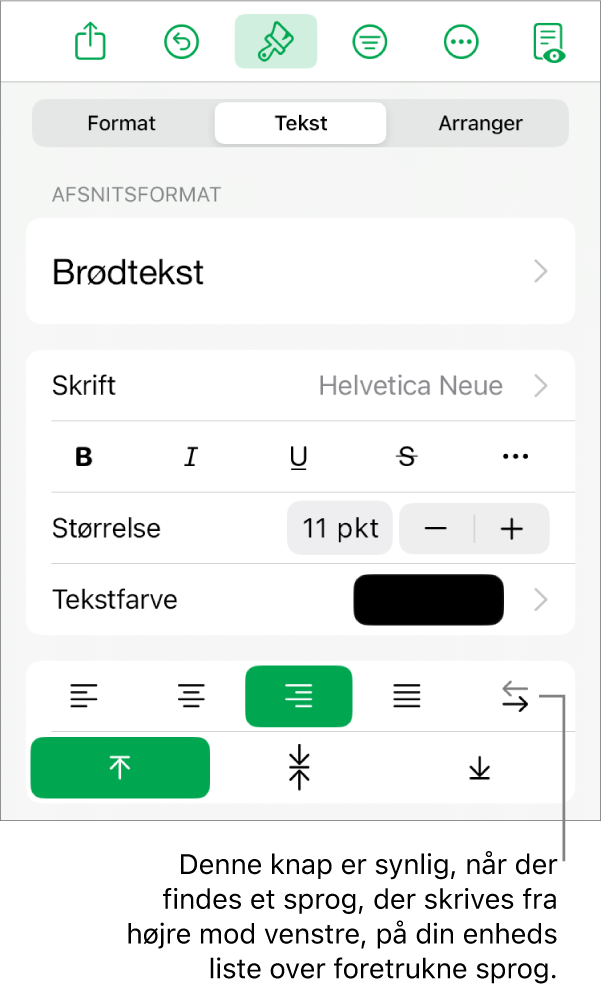 En del af formatmulighederne på menuen Format med billedforklaring til knappen Højre mod venstre.