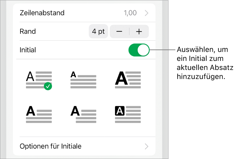 Die Steuerelemente „Initial“ im Menü „Text“