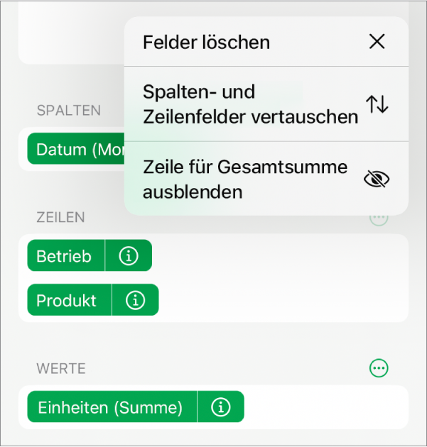 Das Menü „Feldoptionen“ mit Steuerelementen zum Ausblenden der Gesamtsummen, zum Vertauschen der Spalten- und Zeilenfelder und zum Löschen von Feldern.