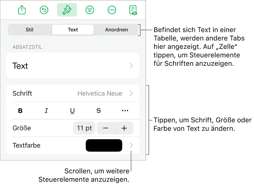 Textsteuerelemente im Menü „Format“ zum Festlegen von Absatz- und Zeichenstilen, Schrift, Größe und Farbe